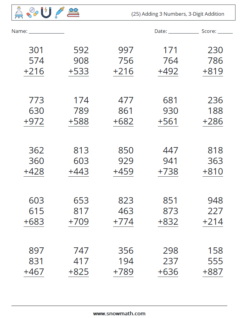 (25) Adding 3 Numbers, 3-Digit Addition Math Worksheets 18