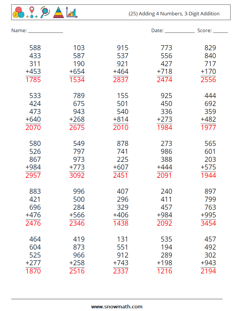 (25) Adding 4 Numbers, 3-Digit Addition Math Worksheets 11 Question, Answer