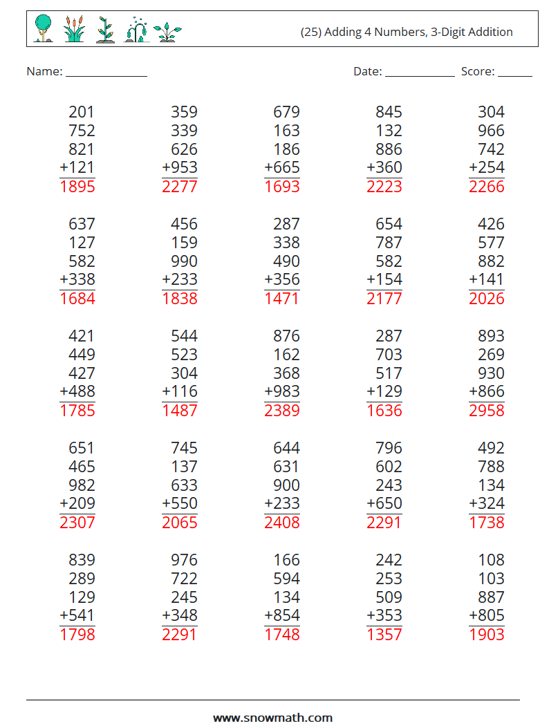 (25) Adding 4 Numbers, 3-Digit Addition Math Worksheets 12 Question, Answer