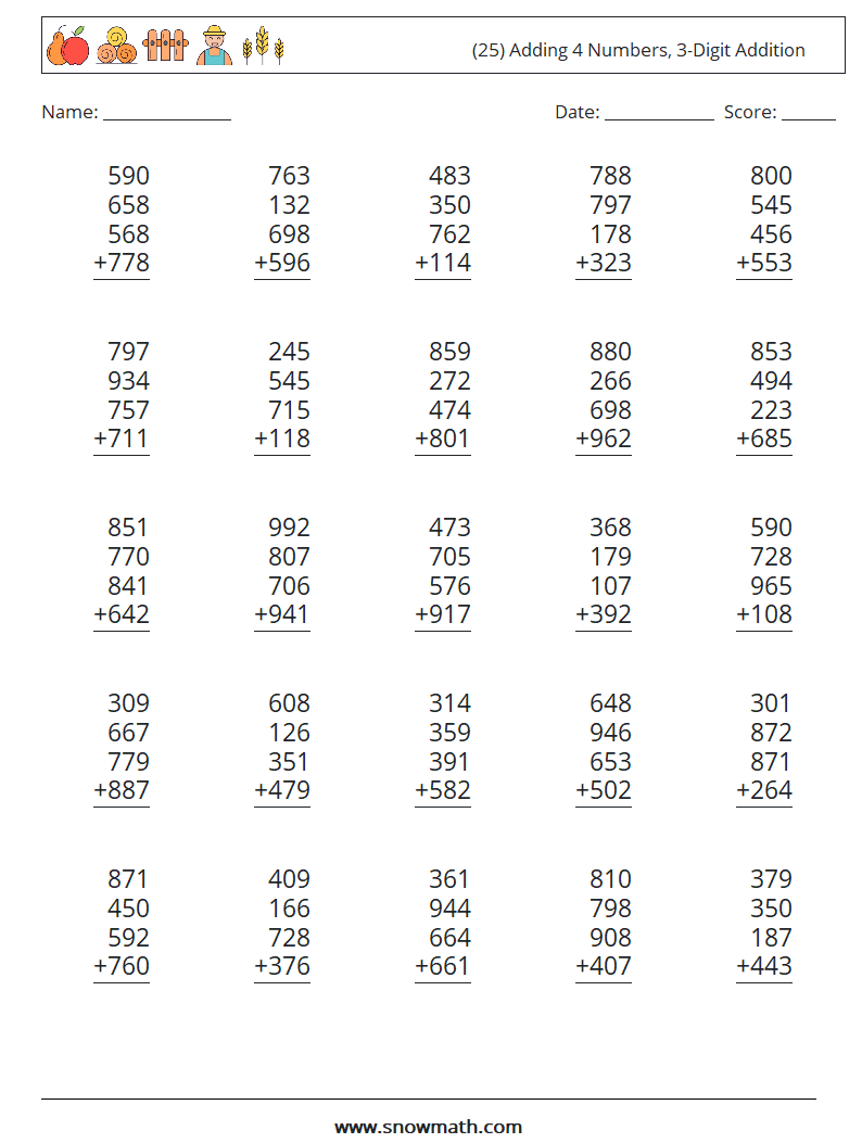 (25) Adding 4 Numbers, 3-Digit Addition Math Worksheets 13