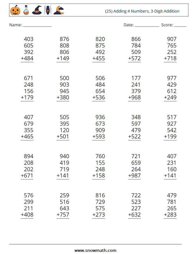 (25) Adding 4 Numbers, 3-Digit Addition Math Worksheets 14