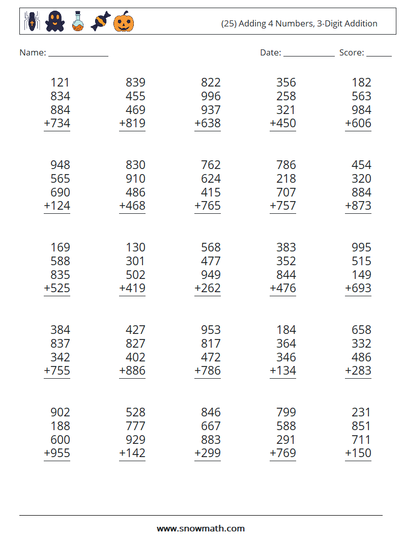 (25) Adding 4 Numbers, 3-Digit Addition Math Worksheets 15