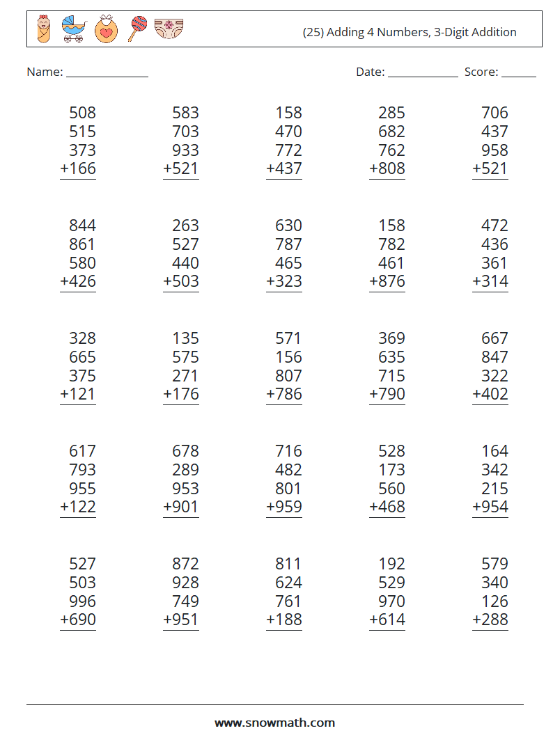 (25) Adding 4 Numbers, 3-Digit Addition Math Worksheets 16