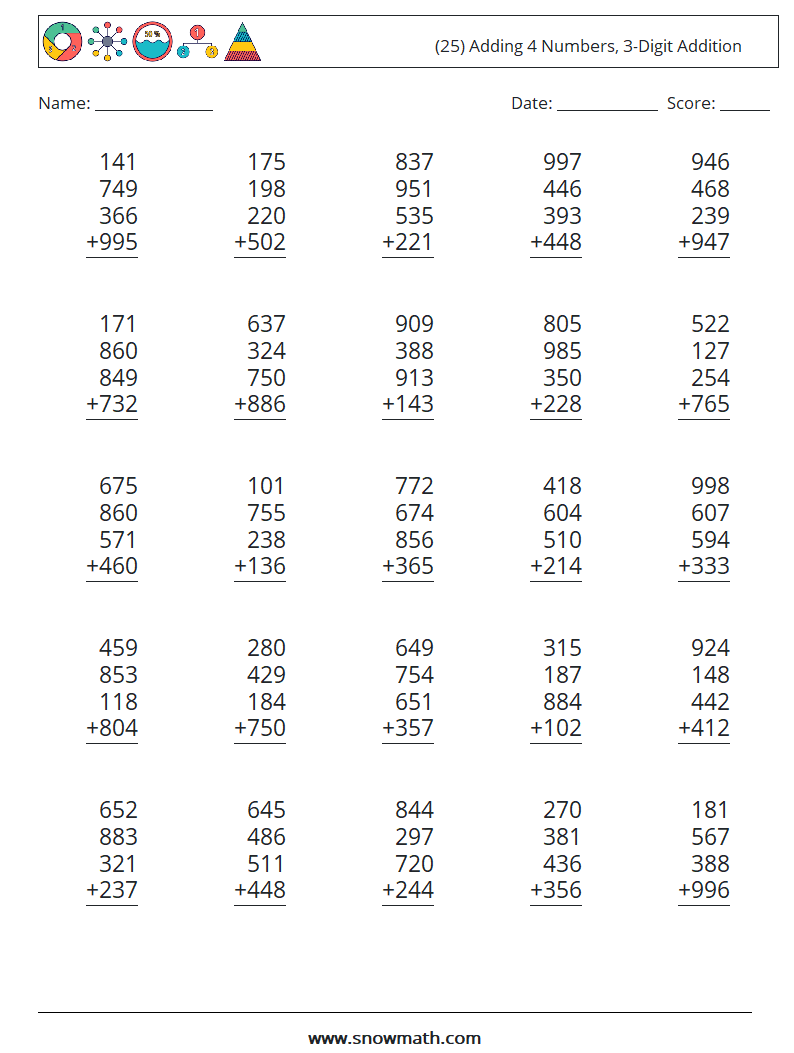 (25) Adding 4 Numbers, 3-Digit Addition Math Worksheets 18