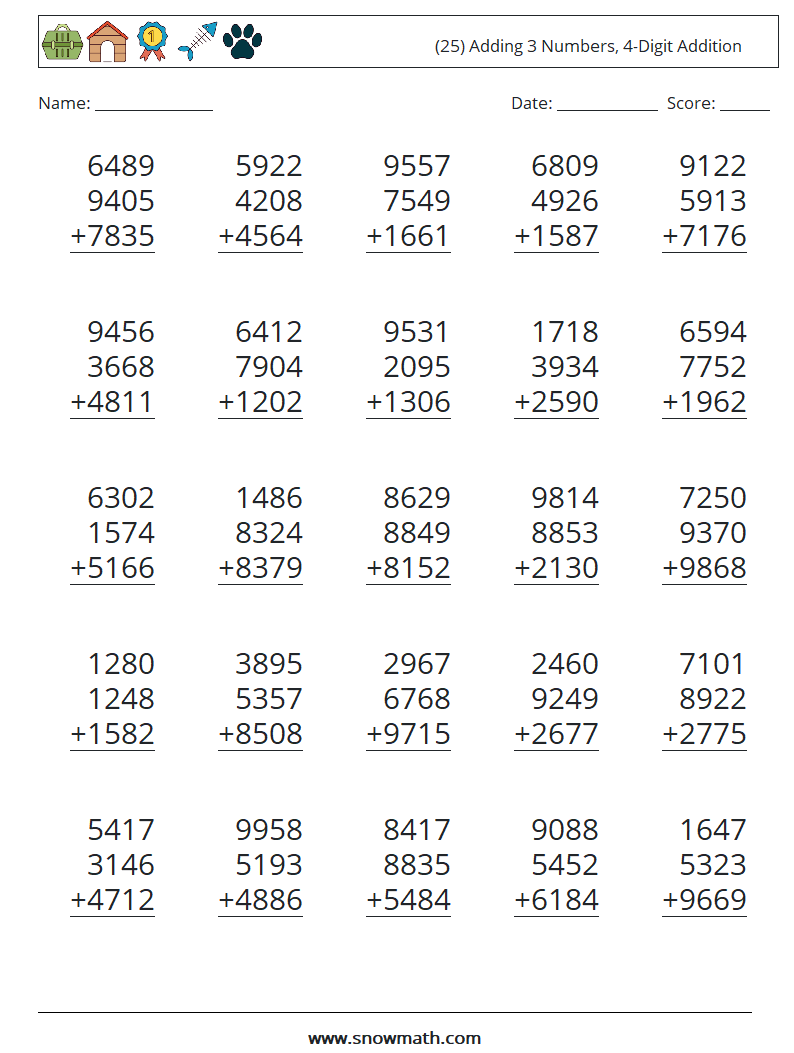 (25) Adding 3 Numbers, 4-Digit Addition Math Worksheets 10