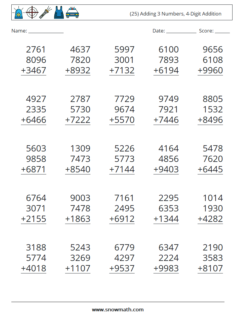 (25) Adding 3 Numbers, 4-Digit Addition Math Worksheets 13