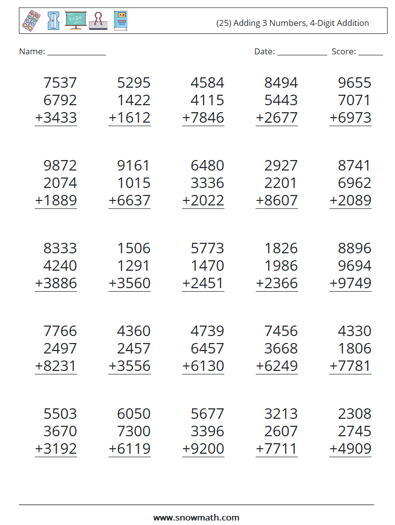 (25) Adding 3 Numbers, 4-Digit Addition Math Worksheets 15