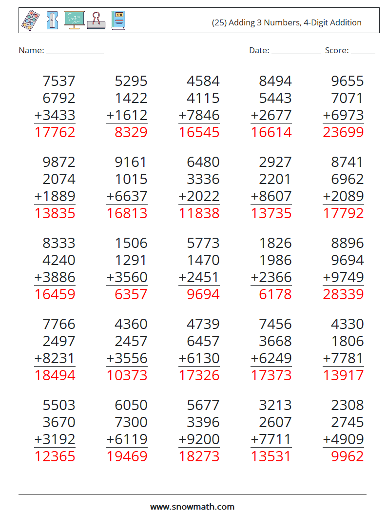 (25) Adding 3 Numbers, 4-Digit Addition Math Worksheets 15 Question, Answer