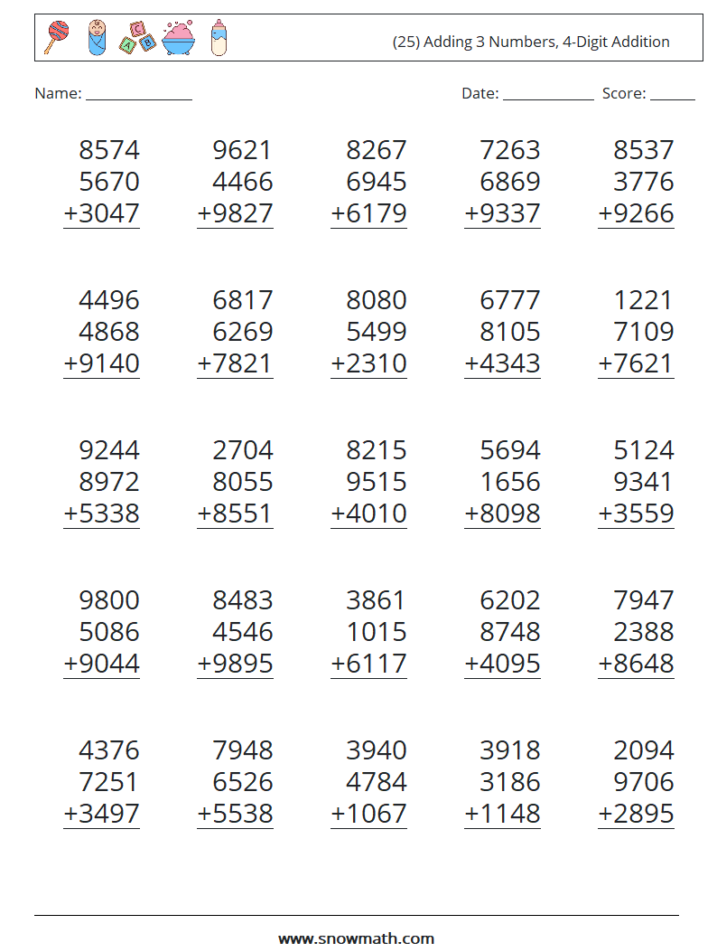 (25) Adding 3 Numbers, 4-Digit Addition Math Worksheets 16