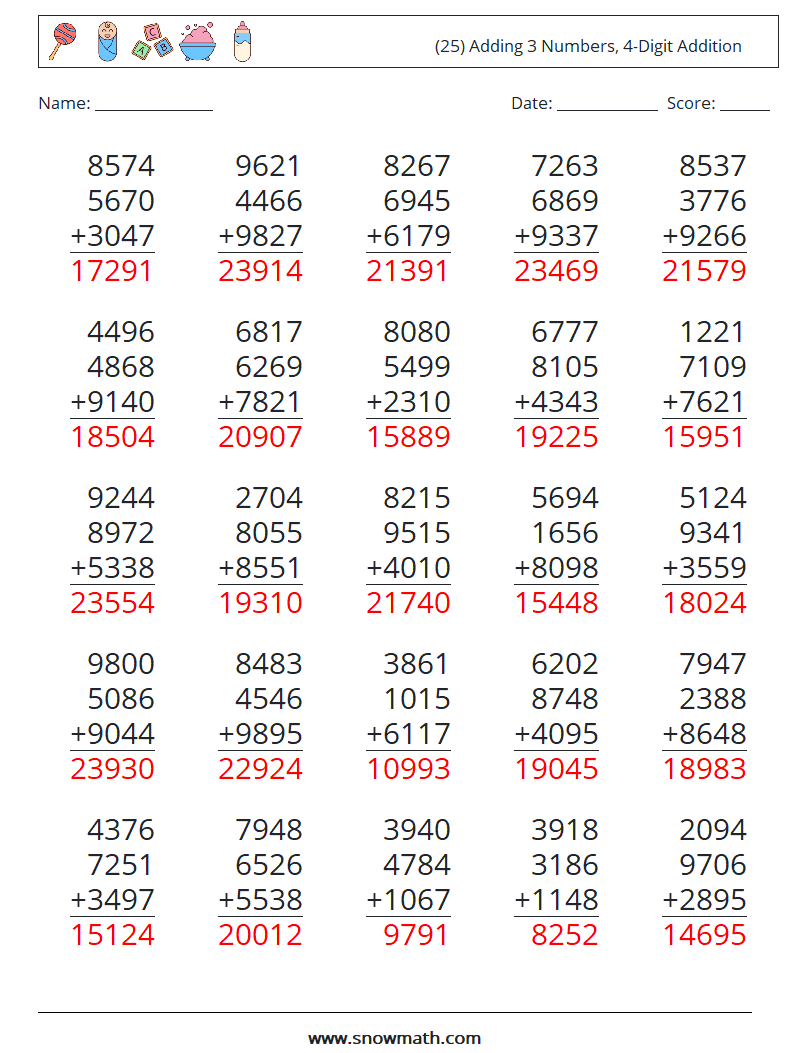 (25) Adding 3 Numbers, 4-Digit Addition Math Worksheets 16 Question, Answer