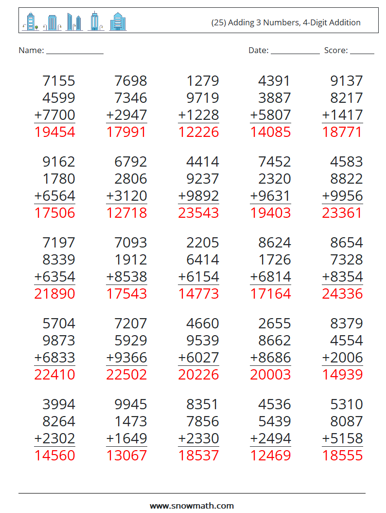 (25) Adding 3 Numbers, 4-Digit Addition Math Worksheets 17 Question, Answer