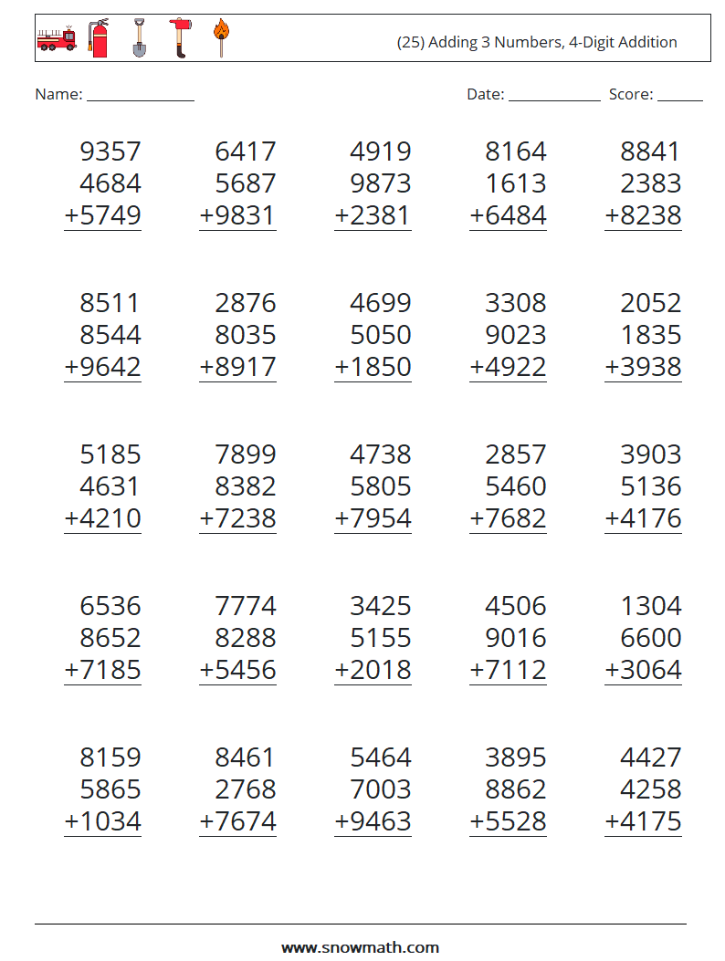 (25) Adding 3 Numbers, 4-Digit Addition Math Worksheets 18