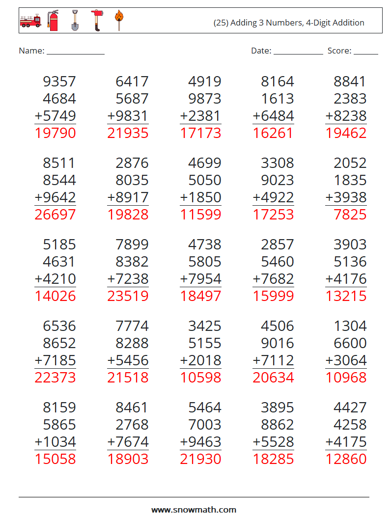 (25) Adding 3 Numbers, 4-Digit Addition Math Worksheets 18 Question, Answer