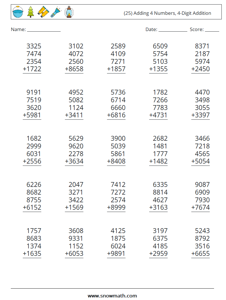 (25) Adding 4 Numbers, 4-Digit Addition Math Worksheets 14