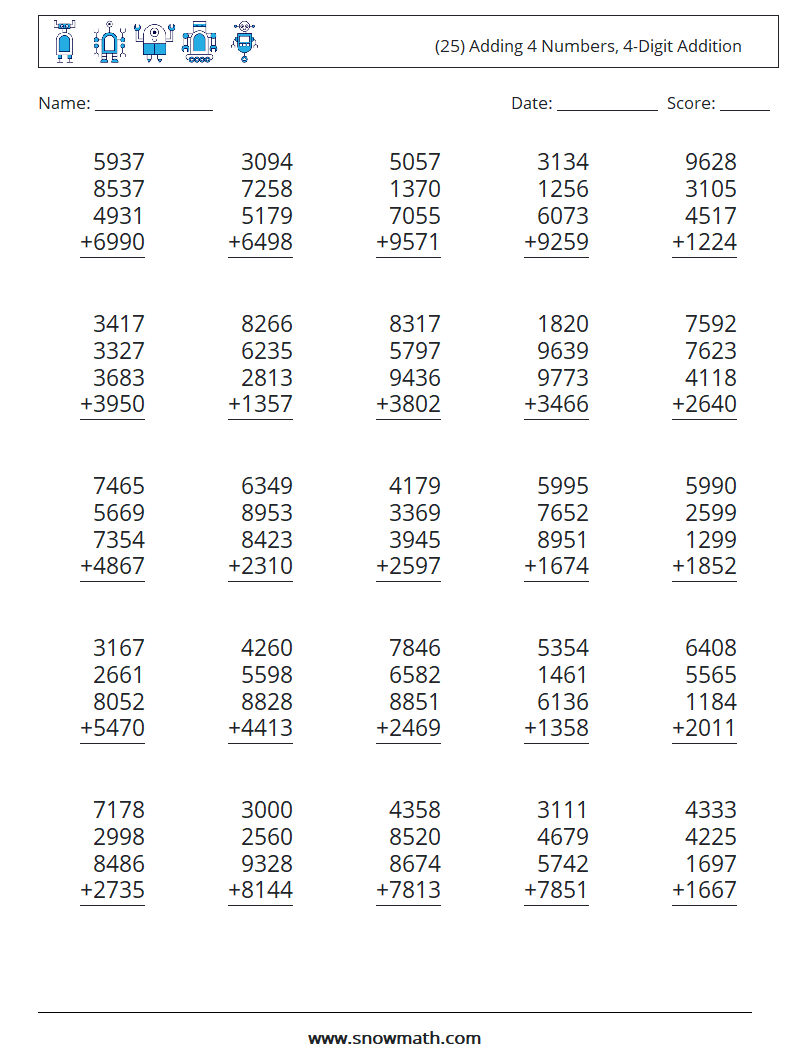 (25) Adding 4 Numbers, 4-Digit Addition Math Worksheets 15