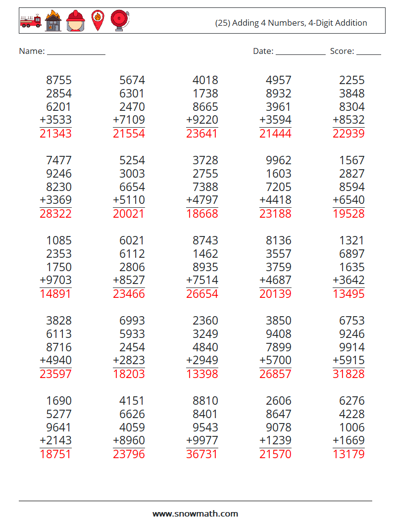 (25) Adding 4 Numbers, 4-Digit Addition Math Worksheets 17 Question, Answer