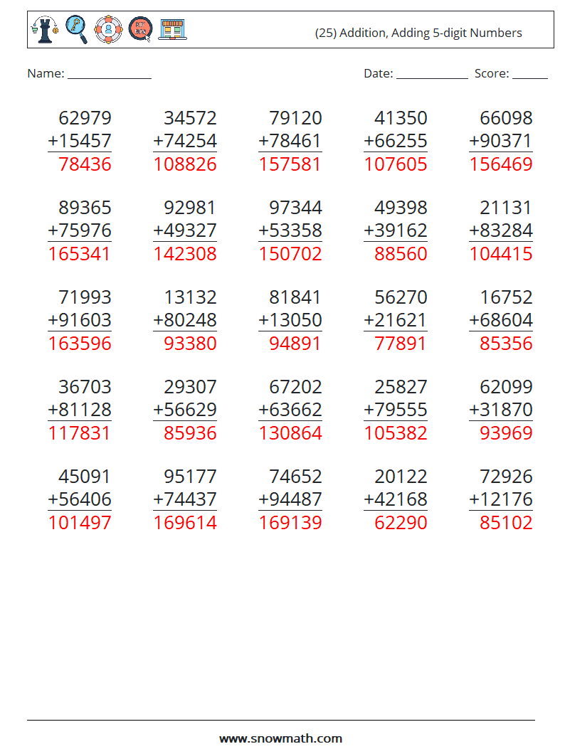 (25) Addition, Adding 5-digit Numbers Math Worksheets 10 Question, Answer