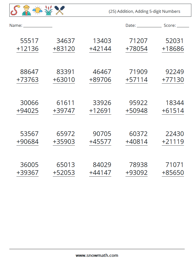 (25) Addition, Adding 5-digit Numbers Math Worksheets 13