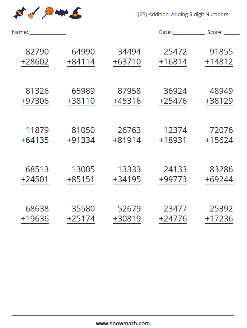 (25) Addition, Adding 5-digit Numbers Math Worksheets 17