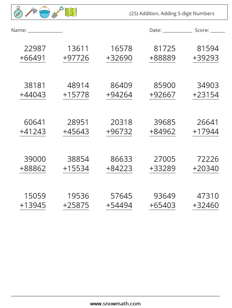 (25) Addition, Adding 5-digit Numbers Math Worksheets 18