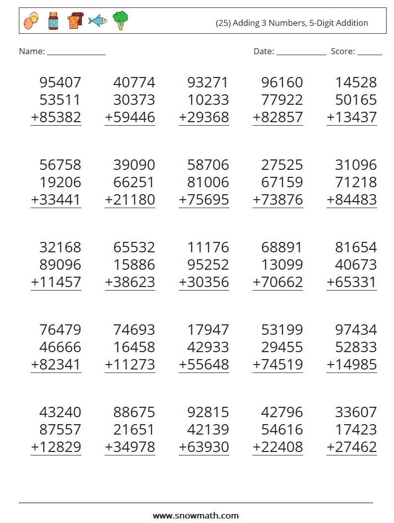(25) Adding 3 Numbers, 5-Digit Addition Math Worksheets 10