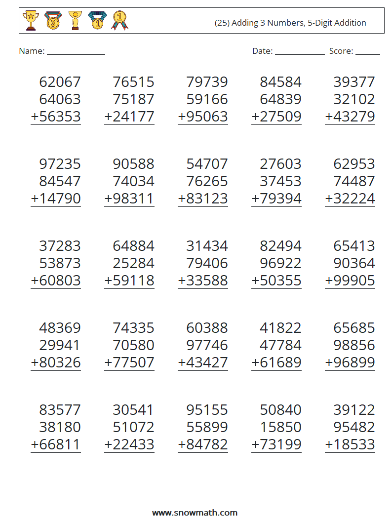 (25) Adding 3 Numbers, 5-Digit Addition Math Worksheets 11