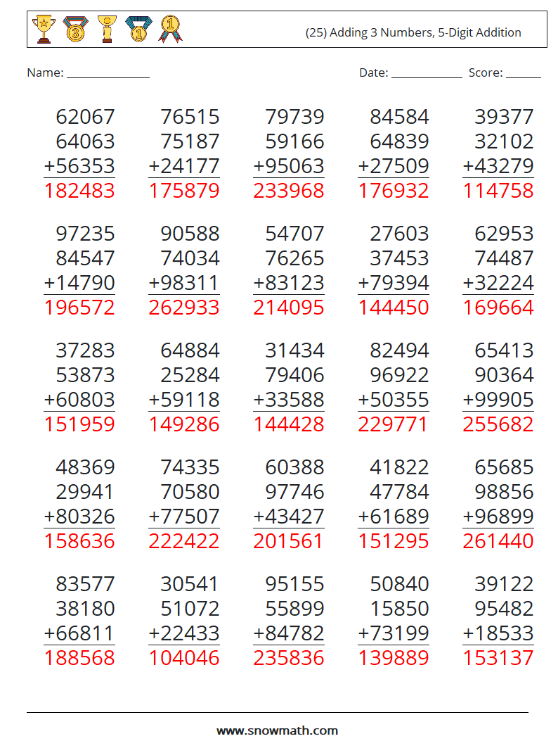 (25) Adding 3 Numbers, 5-Digit Addition Math Worksheets 11 Question, Answer