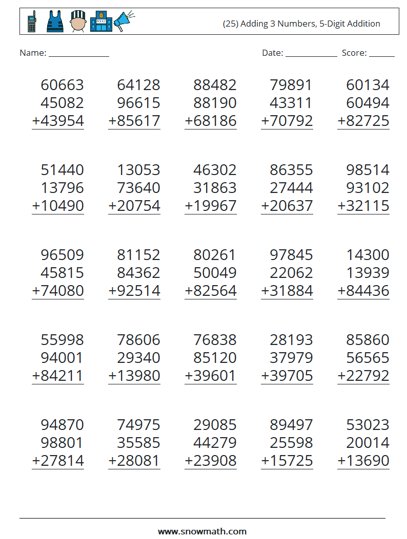 (25) Adding 3 Numbers, 5-Digit Addition Math Worksheets 12