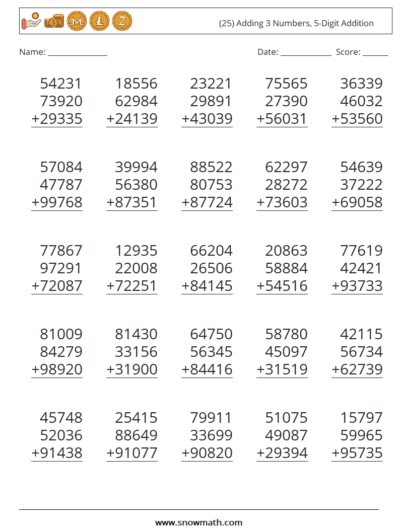 (25) Adding 3 Numbers, 5-Digit Addition Math Worksheets 13