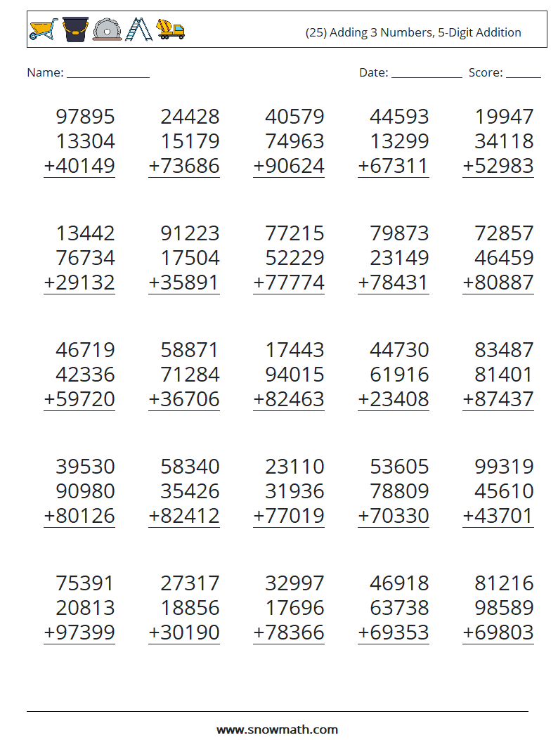 (25) Adding 3 Numbers, 5-Digit Addition Math Worksheets 14