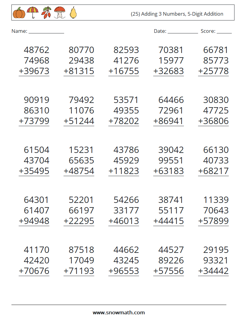 (25) Adding 3 Numbers, 5-Digit Addition Math Worksheets 15