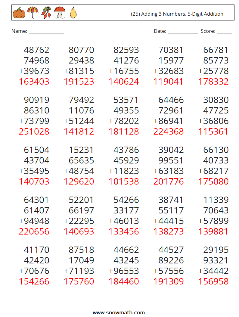 (25) Adding 3 Numbers, 5-Digit Addition Math Worksheets 15 Question, Answer