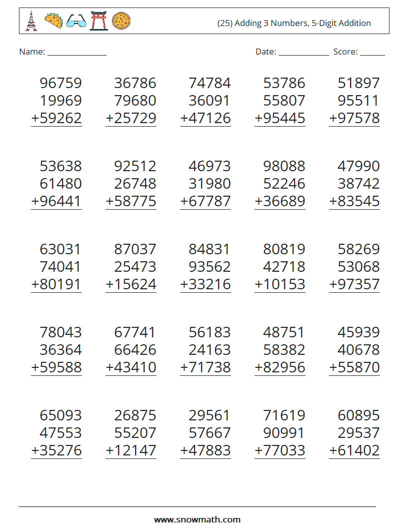 (25) Adding 3 Numbers, 5-Digit Addition Math Worksheets 18