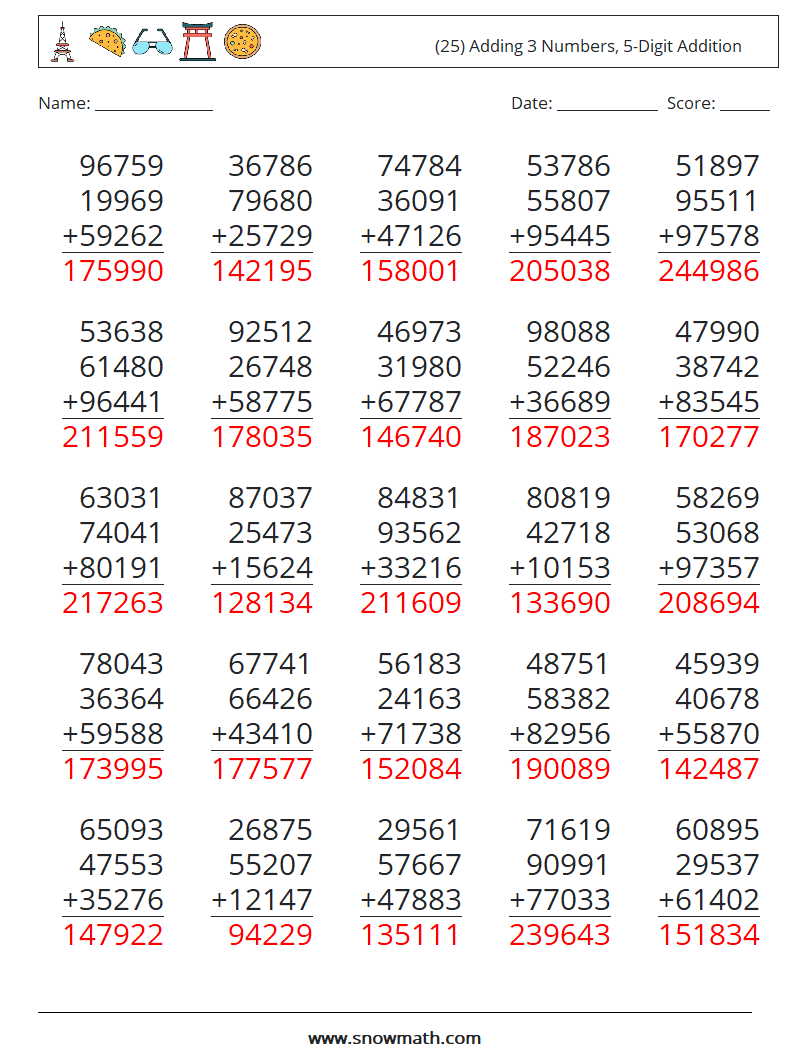 (25) Adding 3 Numbers, 5-Digit Addition Math Worksheets 18 Question, Answer