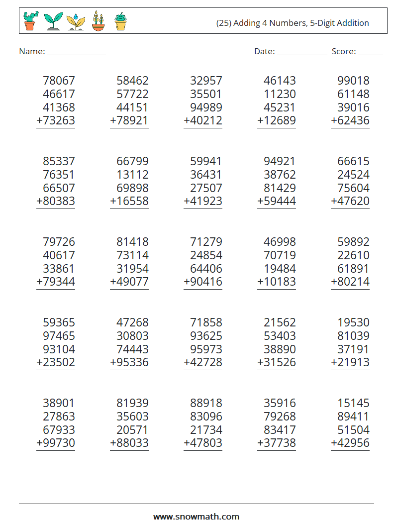 (25) Adding 4 Numbers, 5-Digit Addition Math Worksheets 11