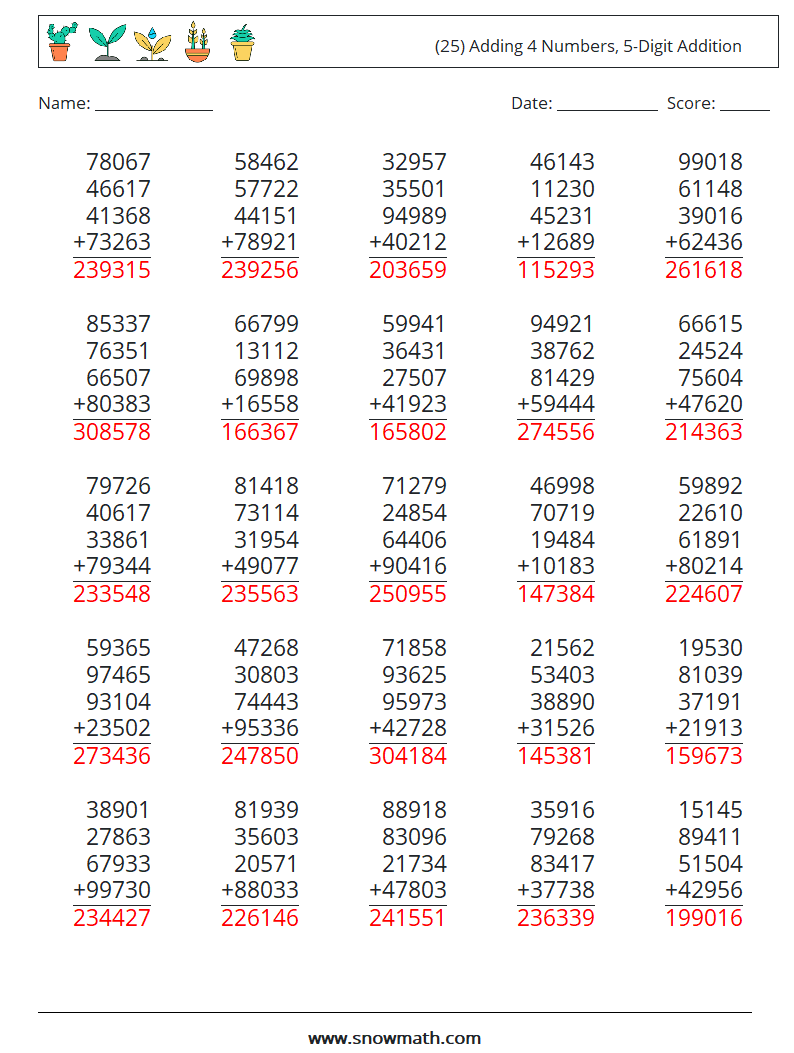 (25) Adding 4 Numbers, 5-Digit Addition Math Worksheets 11 Question, Answer