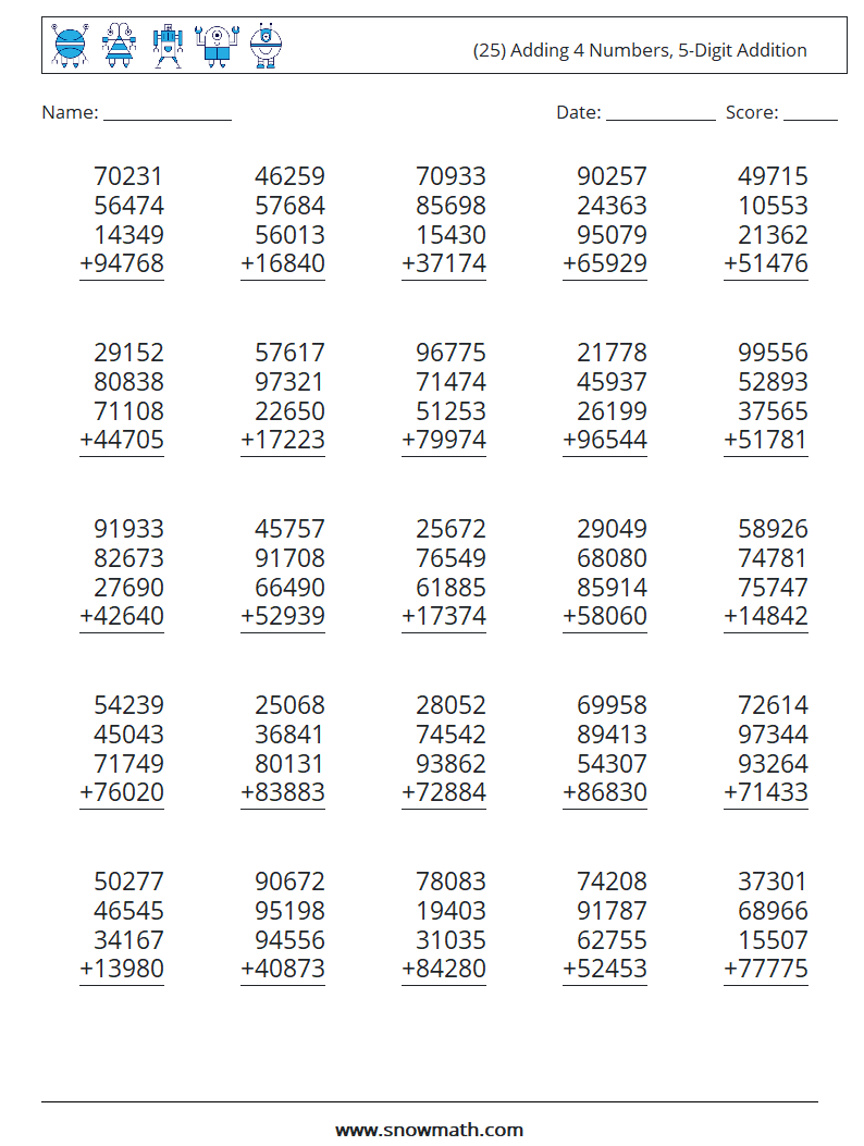 (25) Adding 4 Numbers, 5-Digit Addition Math Worksheets 13