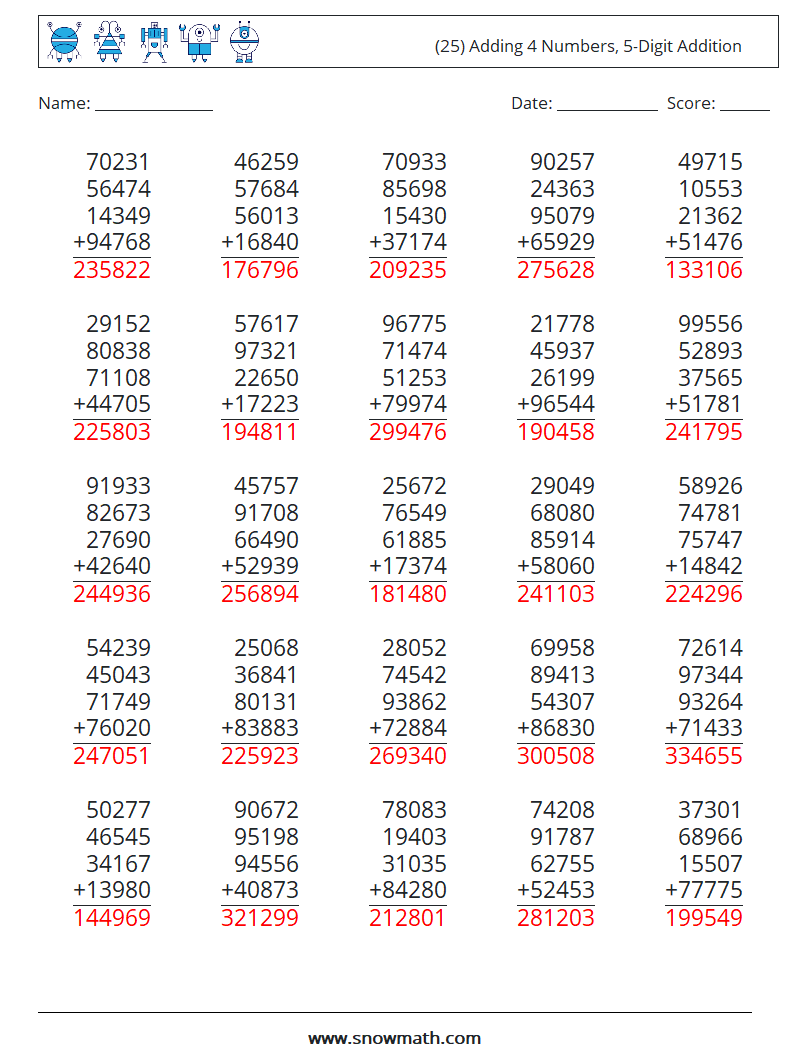 (25) Adding 4 Numbers, 5-Digit Addition Math Worksheets 13 Question, Answer