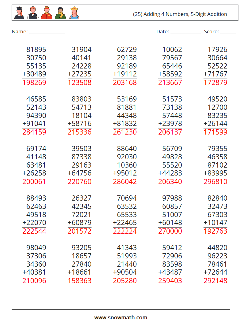 (25) Adding 4 Numbers, 5-Digit Addition Math Worksheets 14 Question, Answer