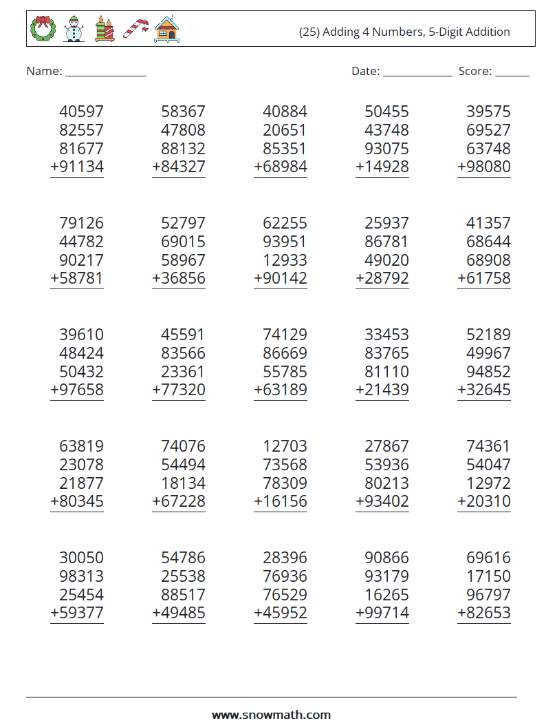 (25) Adding 4 Numbers, 5-Digit Addition Math Worksheets 17