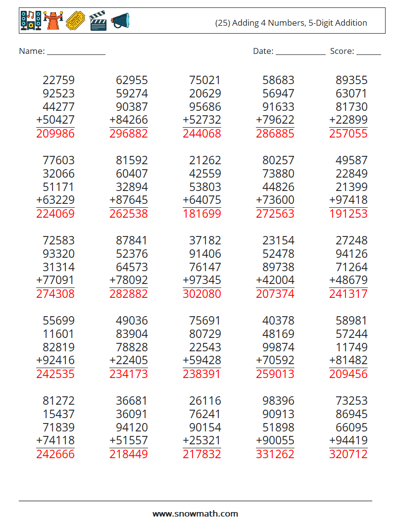 (25) Adding 4 Numbers, 5-Digit Addition Math Worksheets 18 Question, Answer