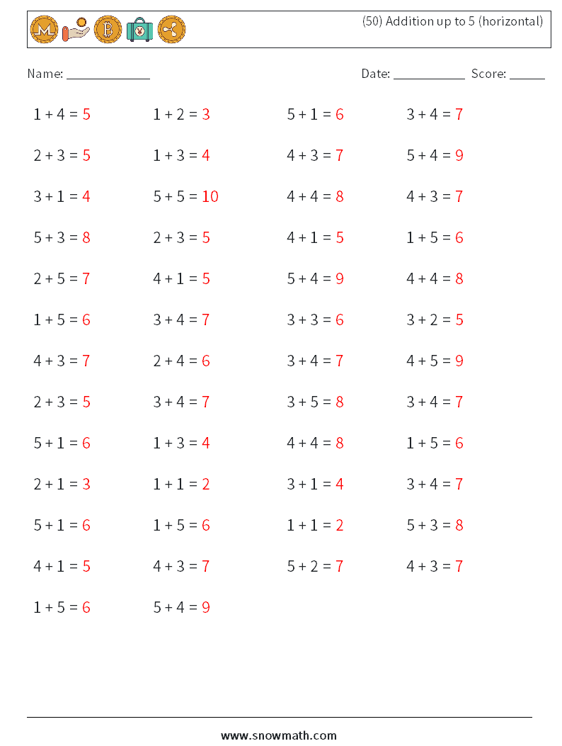 (50) Addition up to 5 (horizontal) Math Worksheets 1 Question, Answer