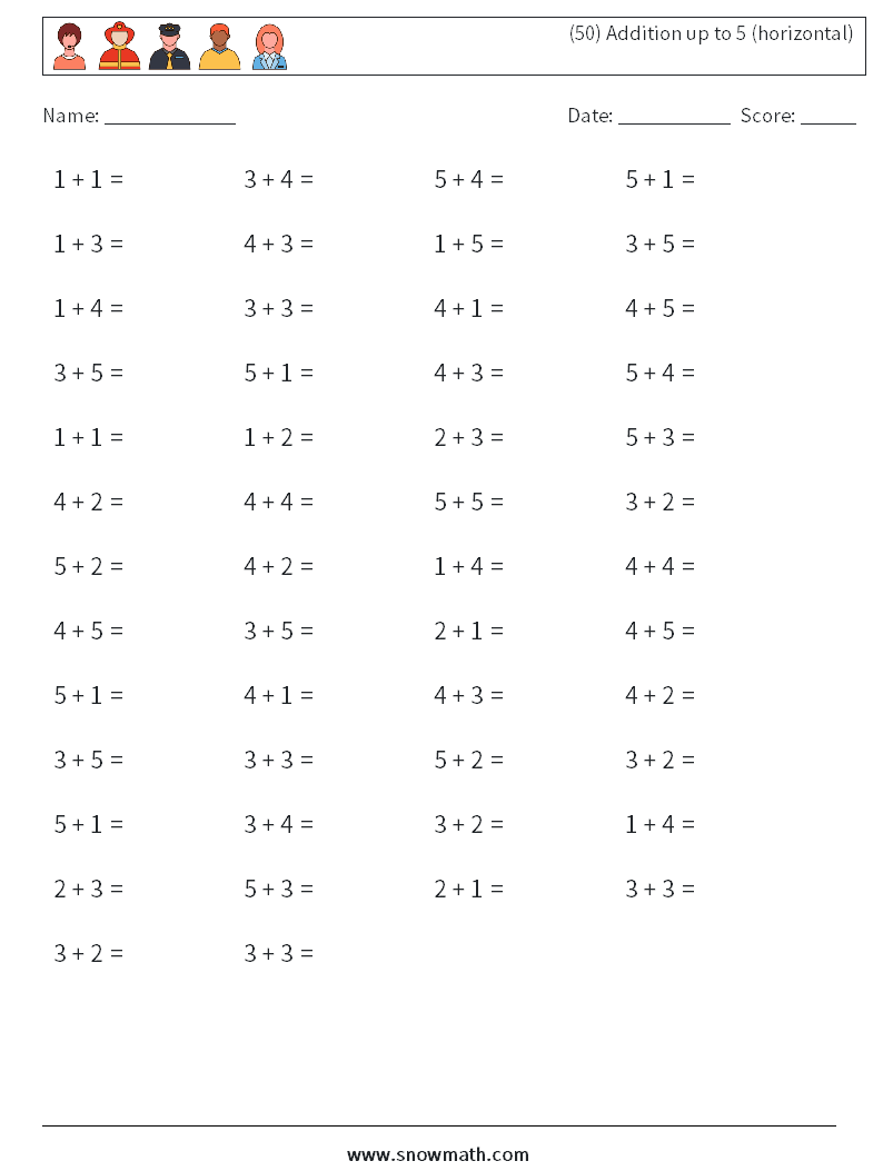 (50) Addition up to 5 (horizontal) Math Worksheets 2