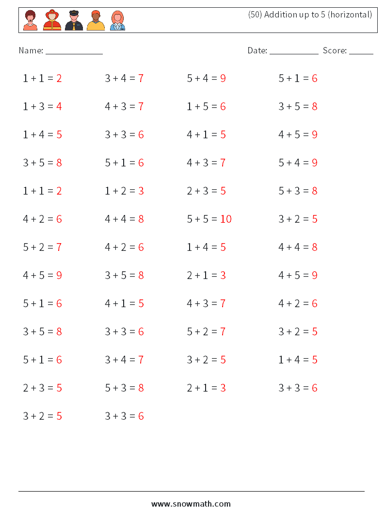 (50) Addition up to 5 (horizontal) Math Worksheets 2 Question, Answer