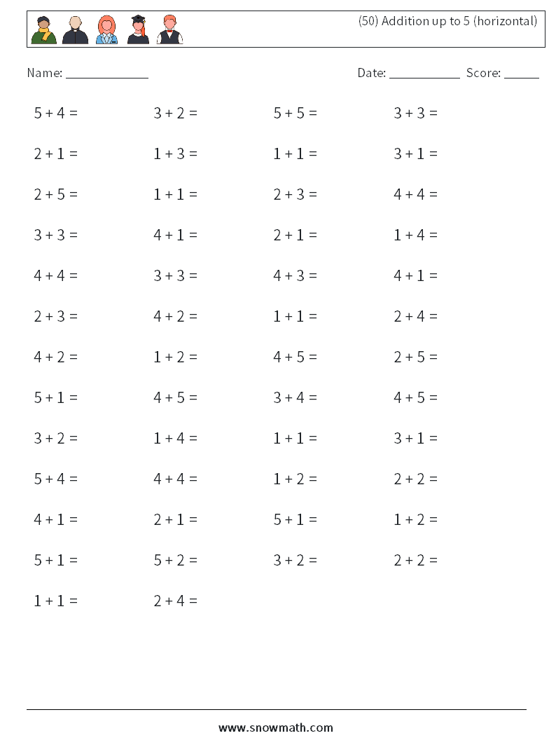 (50) Addition up to 5 (horizontal) Math Worksheets 3
