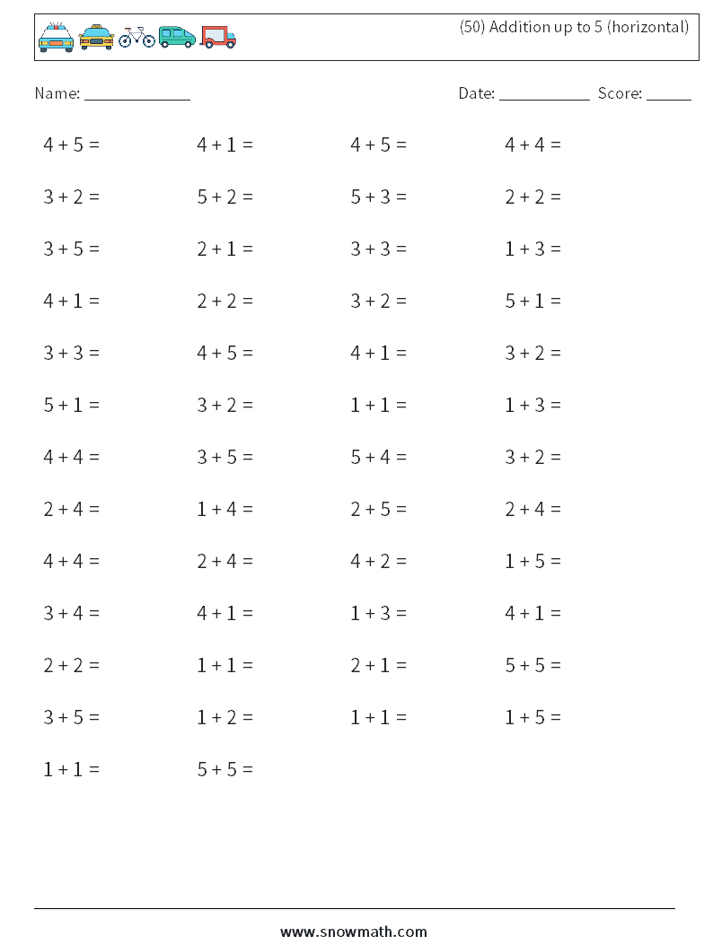 (50) Addition up to 5 (horizontal) Math Worksheets 4