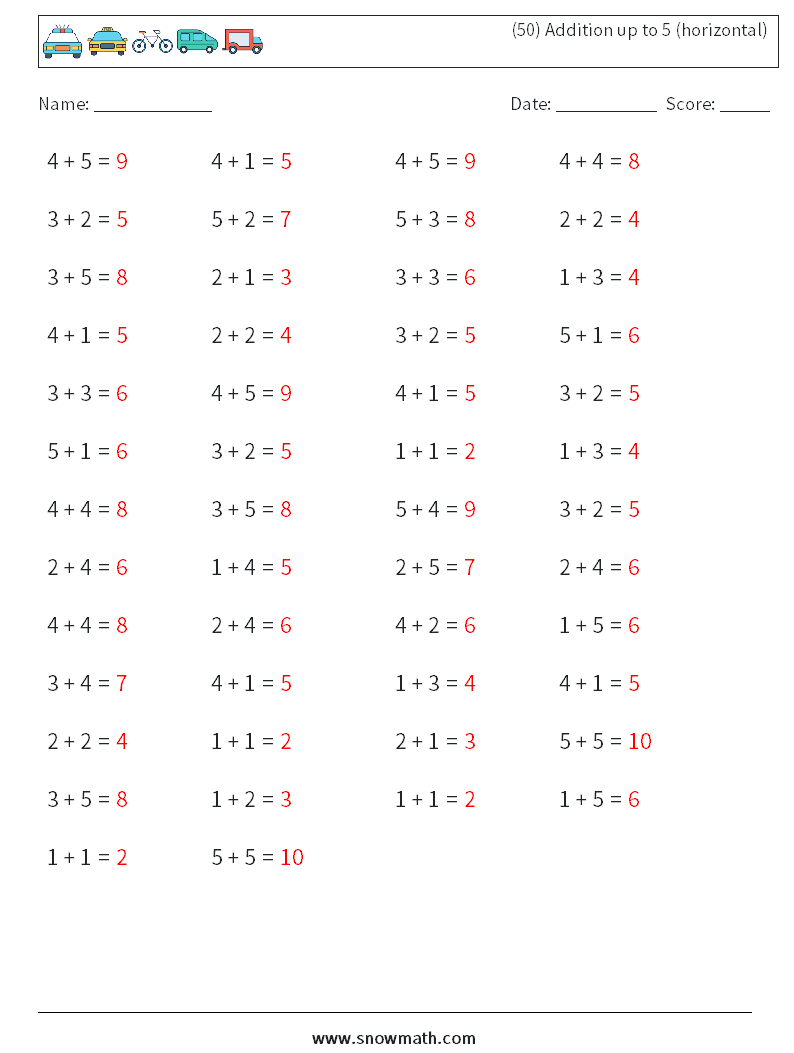 (50) Addition up to 5 (horizontal) Math Worksheets 4 Question, Answer