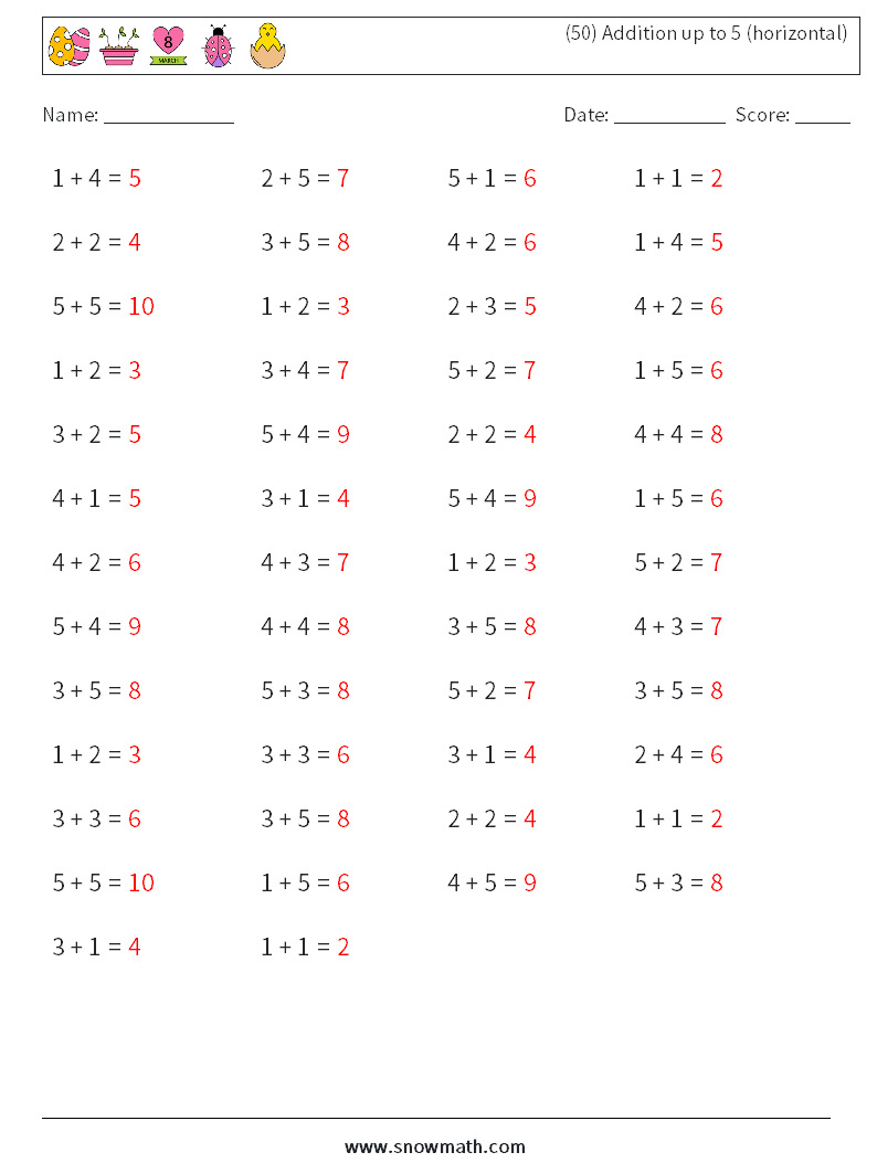 (50) Addition up to 5 (horizontal) Math Worksheets 5 Question, Answer