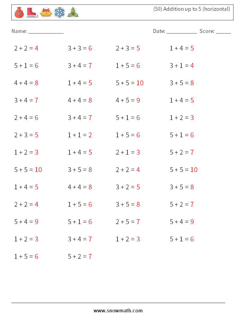(50) Addition up to 5 (horizontal) Math Worksheets 6 Question, Answer