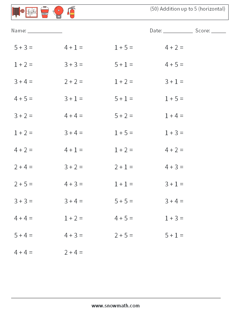 (50) Addition up to 5 (horizontal) Math Worksheets 7